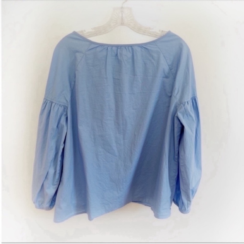 J. Crew Factory shirt blue embroidered peasant blouse tie neck - Picture 9 of 9